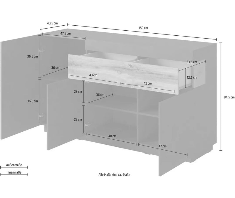 Dressoir wandmeubel modern zwart wit grijs bruin 150 cm