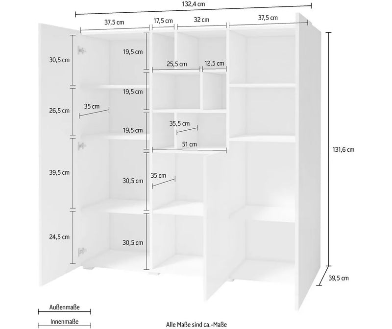 Dressoir wandmeubel modern hoogglans wit donkergrijs Breedte 132, 4 cm