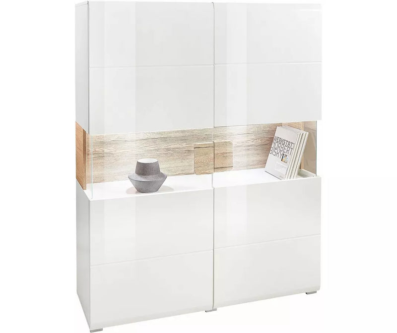 Dressoir wandmeubel modern hoogglans wit met glas en met sfeerverlichting breedte 152 cm lengte 121.5 cm diepte 37 cm