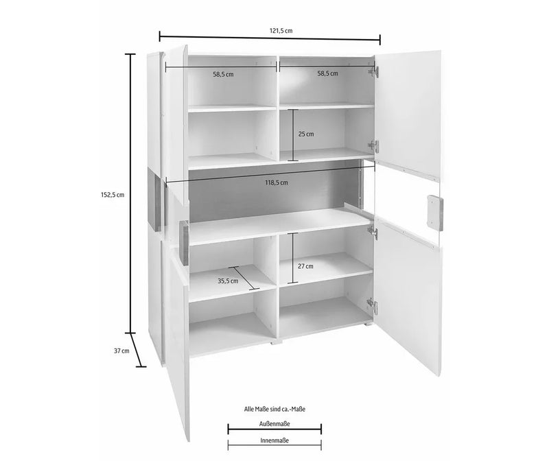 Dressoir wandmeubel modern hoogglans wit met glas en met sfeerverlichting breedte 152 cm lengte 121.5 cm diepte 37 cm