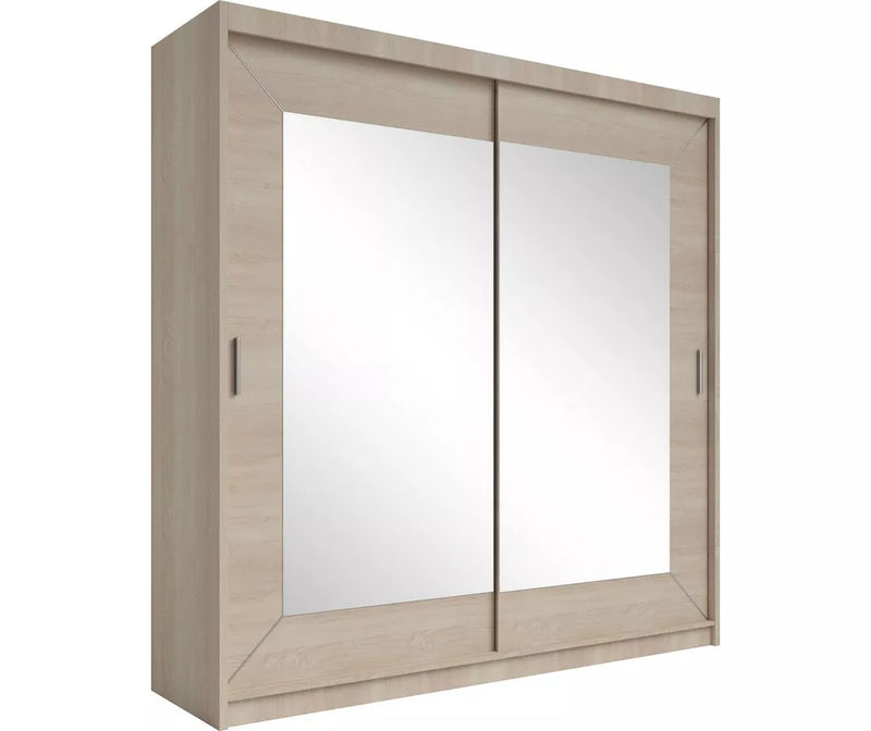 Kledingkast modern met spiegel eiken bruin wit lichtgrijs Breedte 200 cm Diepte 60 cm Hoogte 215 cm