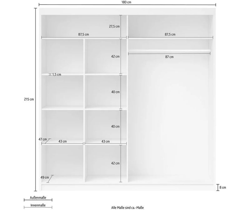 Armario moderno con espejo roble marrón blanco gris claro Ancho 200 cm Fondo 60 cm Alto 215 cm