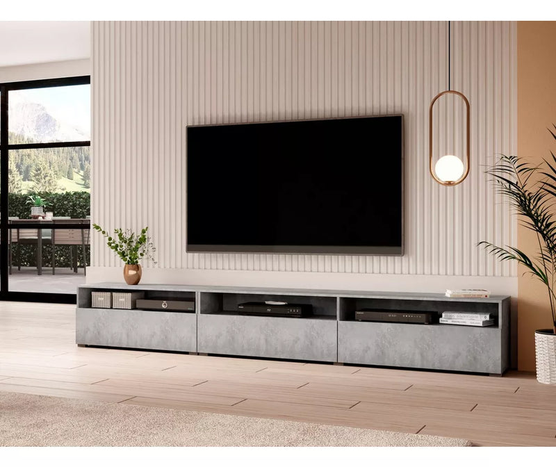 Mueble TV mueble alto blanco brillante gris claro gris oscuro marrón claro Ancho 270 cm Fondo 41 cm Alto 42 cm