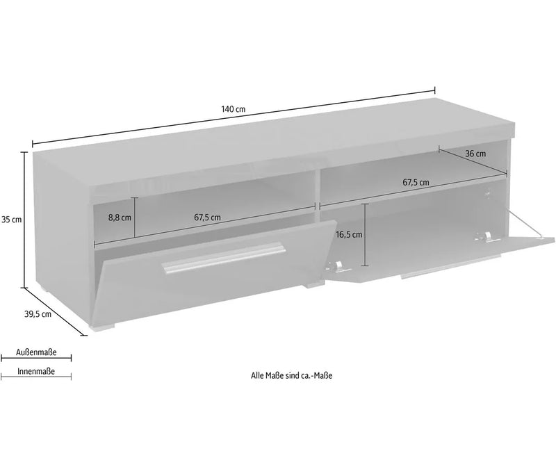 TV meubel modern Mat grijs zwart mat wit Breedte 140 cm Diepte 39,5 cm Hoogte 35 cm