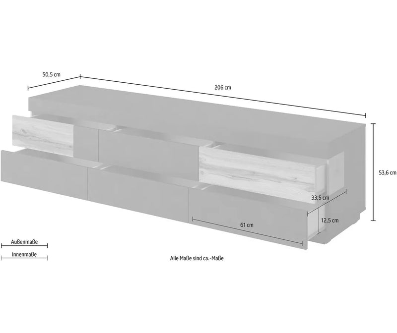 Mueble TV mueble alto moderno gris oscuro blanco brillante Ancho 206 cm Fondo 50,5 cm Alto 53,6 cm