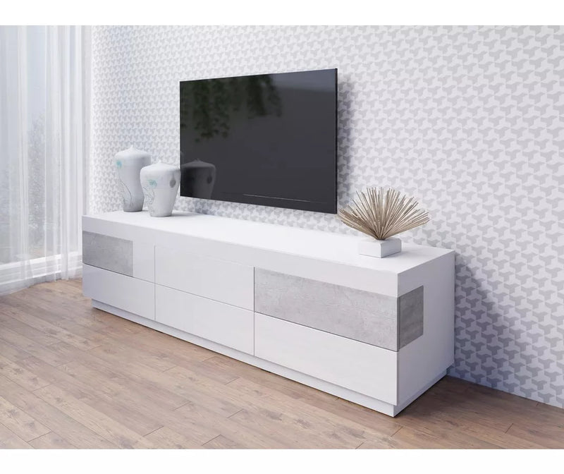 Mueble TV mueble alto moderno gris oscuro blanco brillante Ancho 206 cm Fondo 50,5 cm Alto 53,6 cm