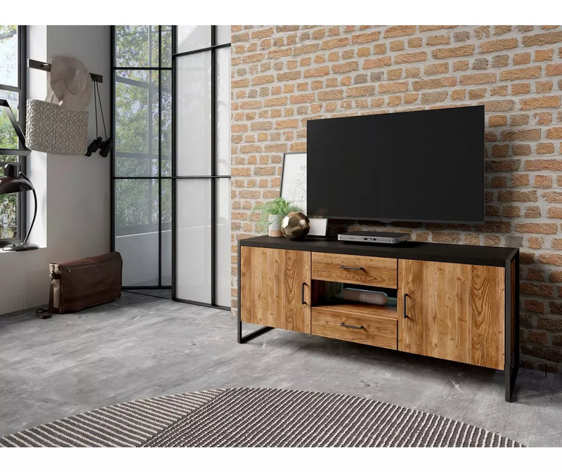 Mueble TV mueble alto moderno rural marrón negro Ancho 154 cm Fondo 45 cm Alto 68 cm