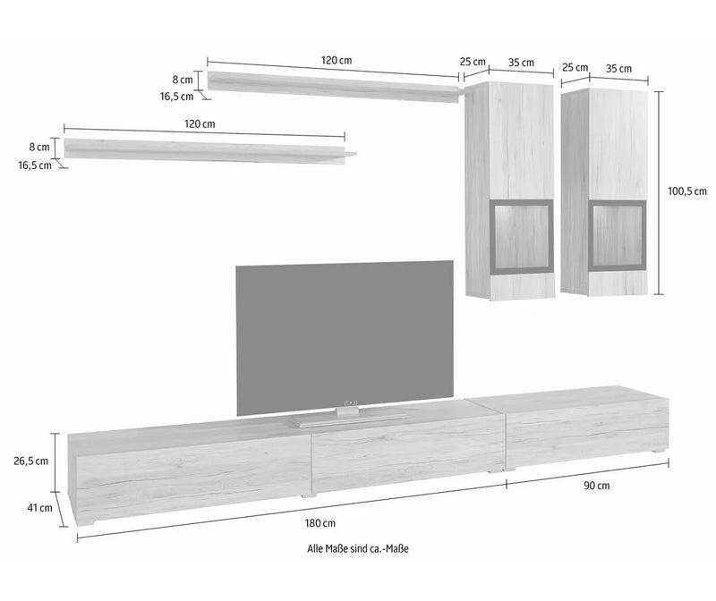 Mueble de pared para TV moderno marrón rural con iluminación ambiental (juego, 6 piezas) Ancho 270 cm Fondo 41 cm Alto 26,5 cm