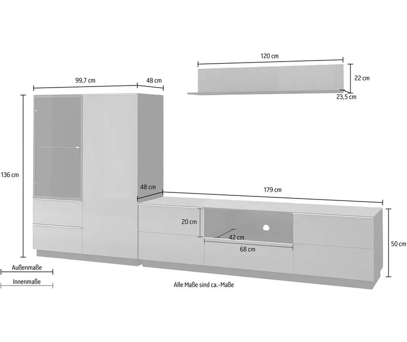 Mueble de pared para TV moderno gris oscuro brillante (3 piezas)