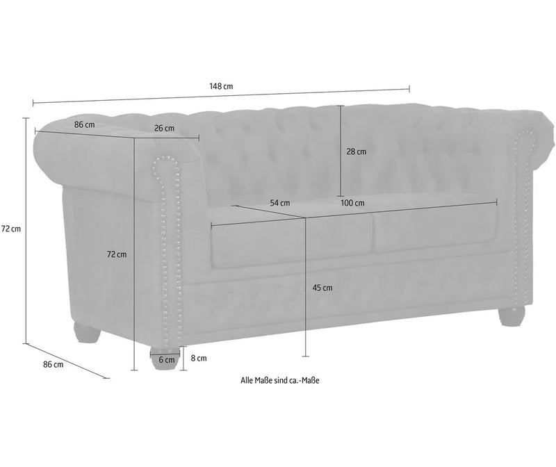 Tweezitsbank chesterfield stijl leer bruin zwart donkerbruin Antraciet Breedte 148 cm Diepte 86 cm Hoogte 72 cm Zithoogte 45 cm