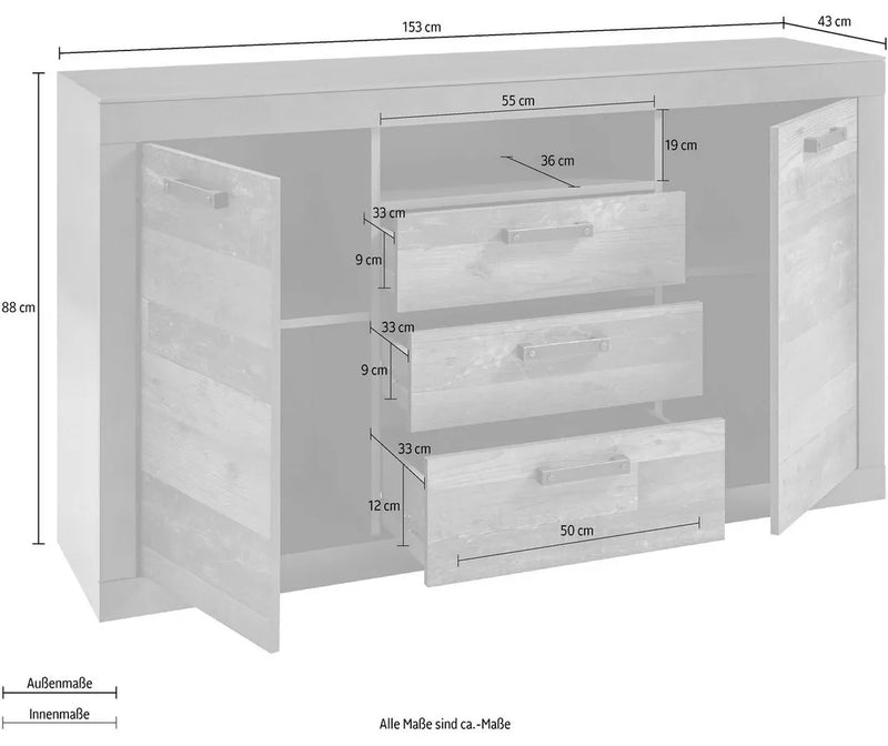 Dressoir wandmeubel landelijke modern bruin Breedte 153 cm Diepte 43 cm Hoogte 88 cm