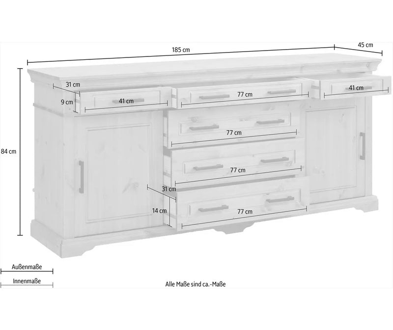 Aparador de pared rural macizo blanco Ancho 186 cm Fondo 45 cm Alto 84 cm