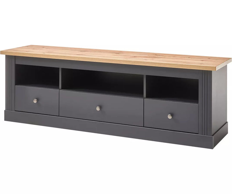 Mueble TV mueble alto blanco marrón gris oscuro aspecto rural Ancho 160 cm Fondo 40 cm Alto 52 cm