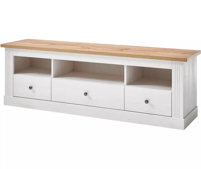 Mueble TV mueble alto blanco marrón gris oscuro aspecto rural Ancho 160 cm Fondo 40 cm Alto 52 cm