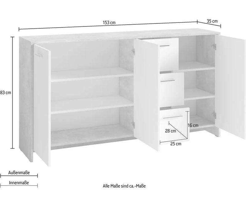 Dressoir wandmeubel modern wit grijs Breedte 153 cm Diepte 35 cm Hoogte 83 cm