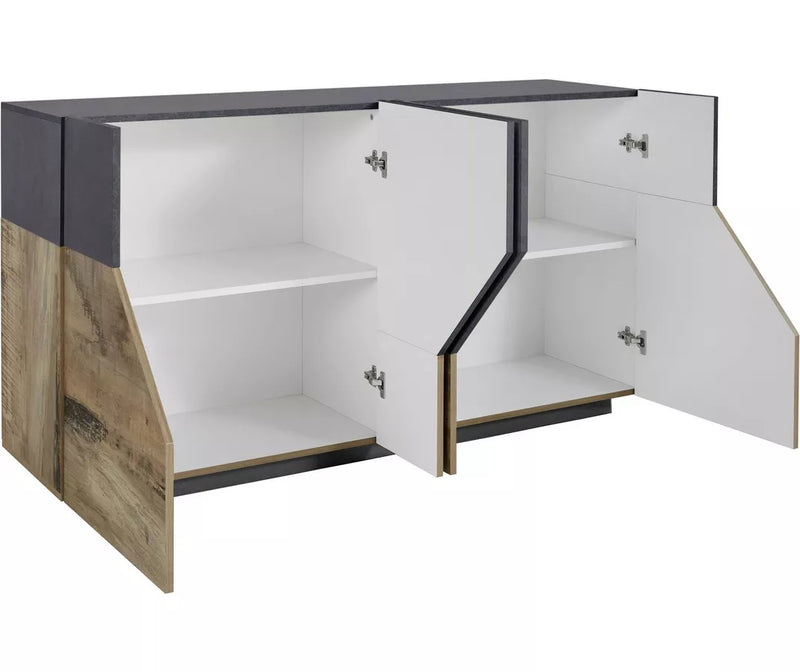 Dressoir wandmeubel modern hoogglans wit eiken lichtbruin mat donkergrijs Breedte 160 cm Diepte 43 cm Hoogte 86 cm