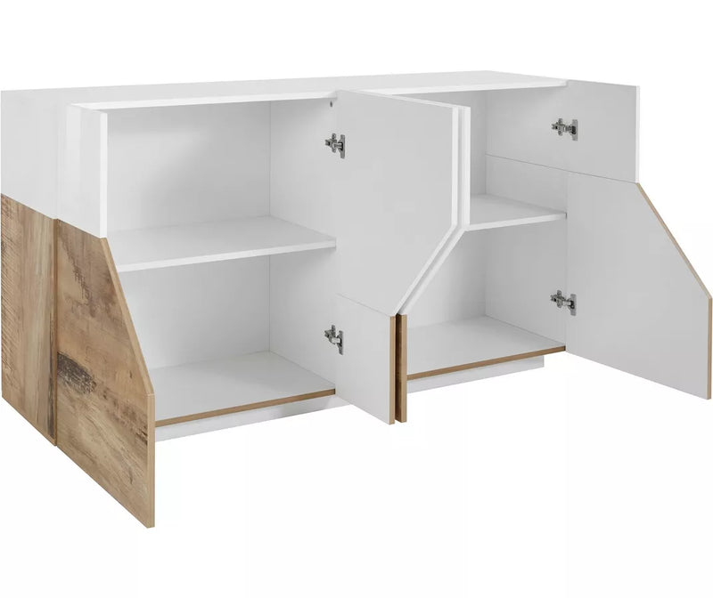 Dressoir wandmeubel modern hoogglans wit eiken lichtbruin mat donkergrijs Breedte 160 cm Diepte 43 cm Hoogte 86 cm