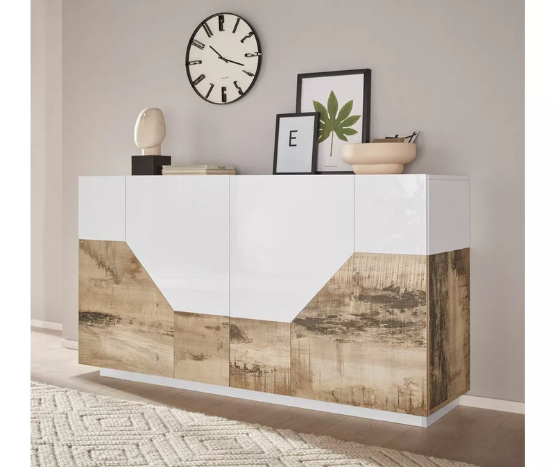 Dressoir wandmeubel modern hoogglans wit eiken lichtbruin mat donkergrijs Breedte 160 cm Diepte 43 cm Hoogte 86 cm