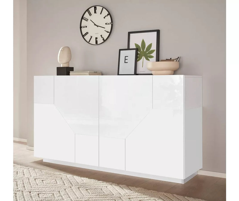 Dressoir wandmeubel modern hoogglans wit eiken lichtbruin mat donkergrijs Breedte 160 cm Diepte 43 cm Hoogte 86 cm