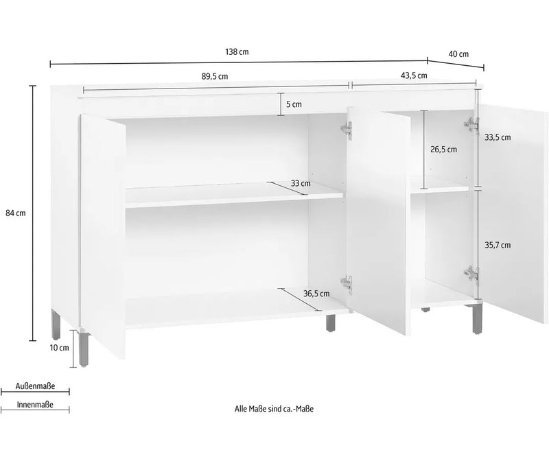 Aparador de pared moderno blanco brillante Ancho 138 cm Fondo 40 cm Alto 84 cm