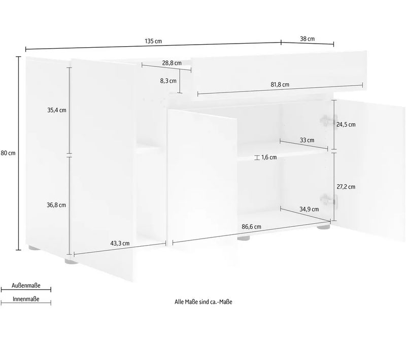 Mueble TV mueble alto blanco brillo Ancho 135 cm Fondo 38 cm Alto 80 cm