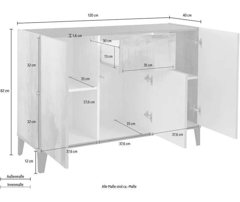 Dressoir wandmeubel landelijk modern hoogglans wit bruin Breedte 120 cm Diepte 40 cm Hoogte 82 cm