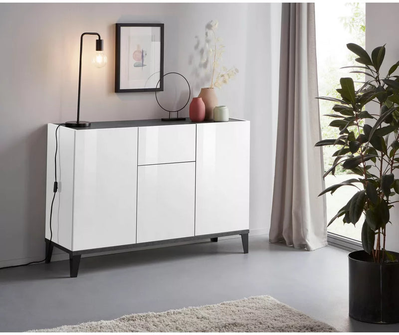 Dressoir wandmeubel landelijk modern hoogglans wit bruin Breedte 120 cm Diepte 40 cm Hoogte 82 cm