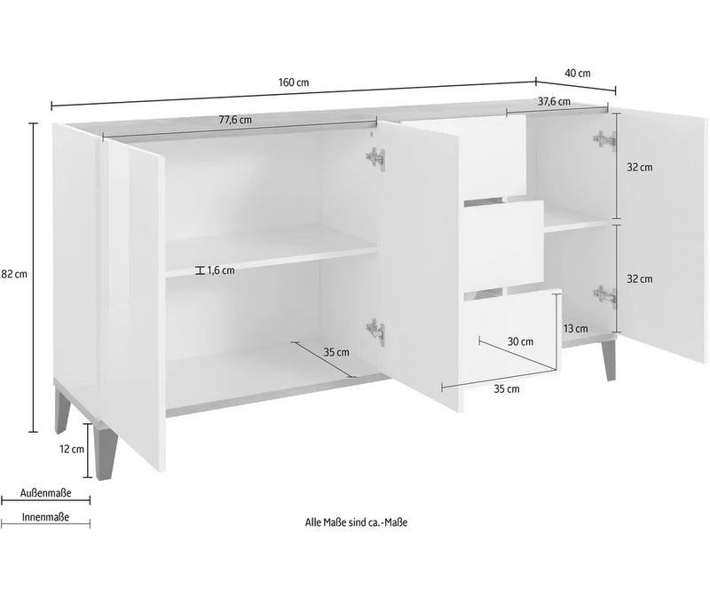 Dressoir wandmeubel modern hoogglans wit Breedte 160 cm Diepte 40 cm Hoogte 82 cm