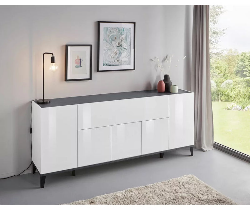 Dressoir wandmeubel modern hoogglans wit lichtbruin donkergrijs Breedte 200 cm Diepte 40 cm Hoogte 82 cm