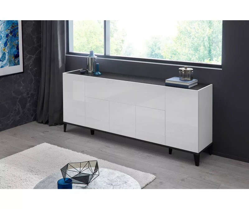 Aparador de pared moderno blanco brillante marrón claro gris oscuro Ancho 200 cm Fondo 40 cm Alto 82 cm