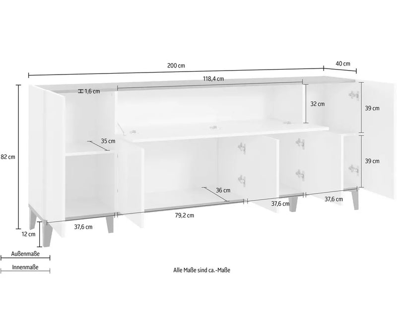 Aparador de pared moderno blanco brillante marrón claro gris oscuro Ancho 200 cm Fondo 40 cm Alto 82 cm