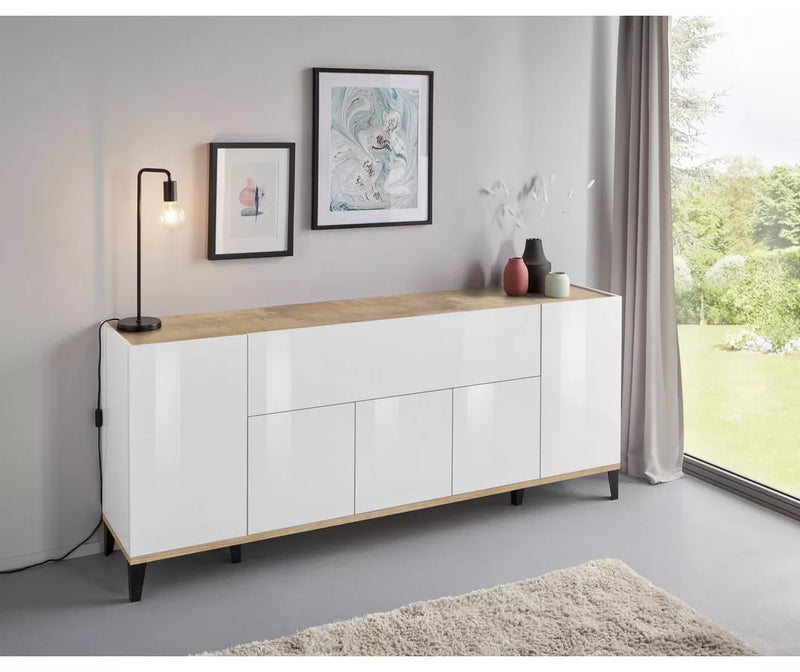 Dressoir wandmeubel modern hoogglans wit lichtbruin donkergrijs Breedte 200 cm Diepte 40 cm Hoogte 82 cm