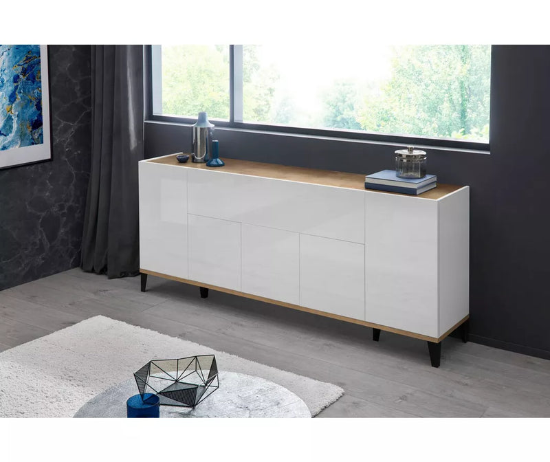 Aparador de pared moderno blanco brillante marrón claro gris oscuro Ancho 200 cm Fondo 40 cm Alto 82 cm