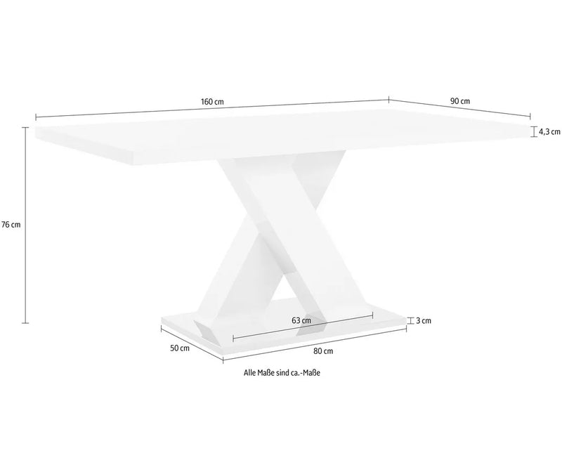 Eettafel kleur wit Breedte 160 cm Diepte 90 cm Hoogte 76 cm