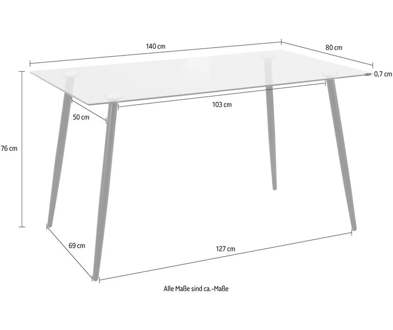 Eettafel glas Breedte 140 cm Diepte 80 cm Hoogte 76 cm