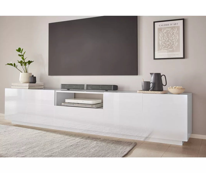 Mueble TV mueble alto moderno blanco brillante gris oscuro Ancho 220 cm Fondo 43 cm Alto 46 cm