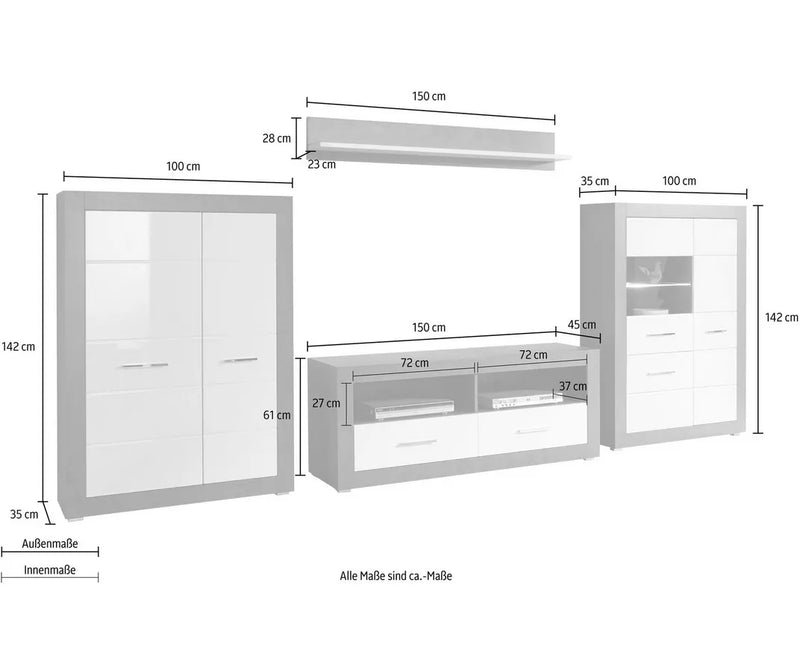 Mueble de pared para TV blanco brillante gris oscuro con iluminación ambiental (juego, 4 piezas)