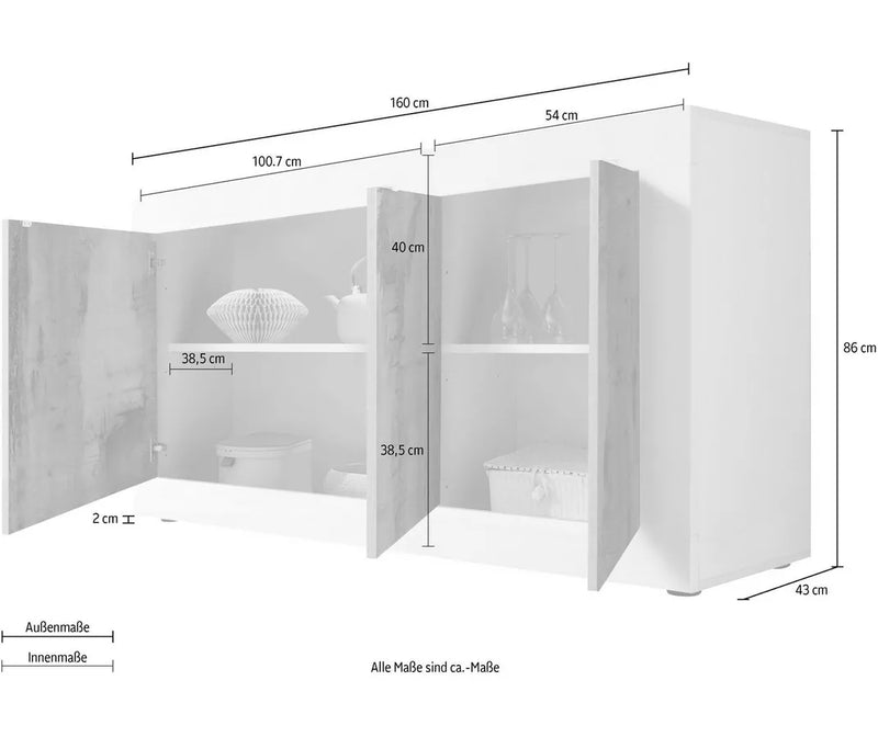 Dressoir wandmeubel modern wit zwart grijs Breedte 160 cm Diepte 43 cm Hoogte 86 cm