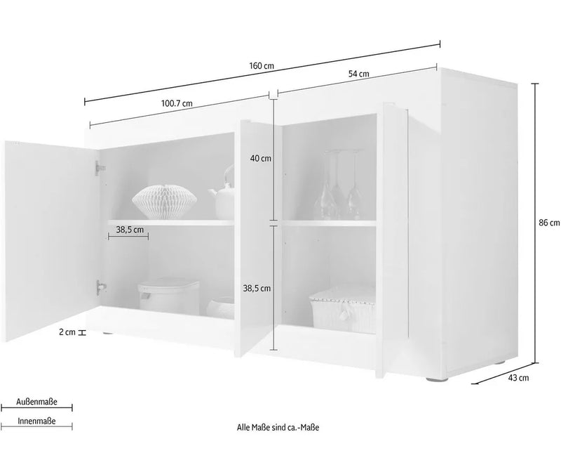 Dressoir wandmeubel modern wit zwart grijs Breedte 160 cm Diepte 43 cm Hoogte 86 cm