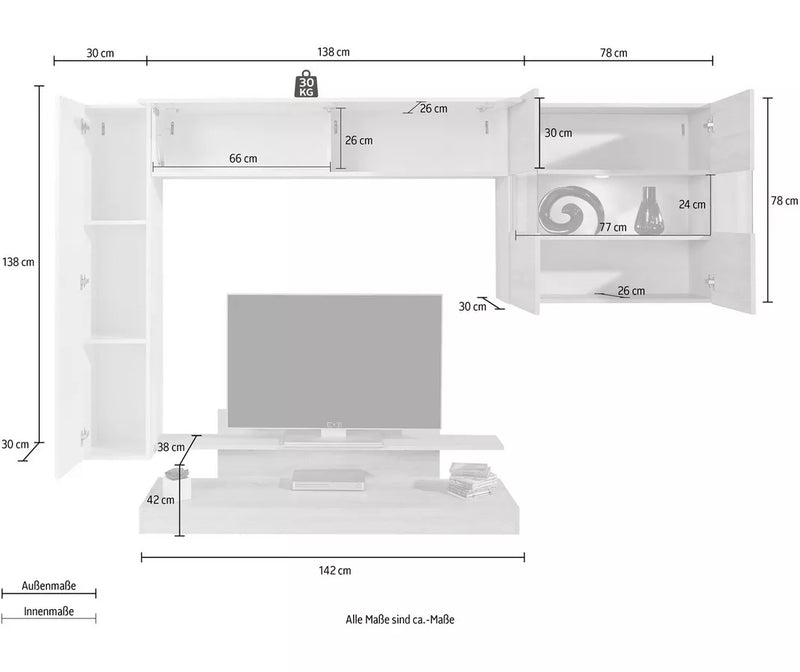 Mueble de pared para TV gris moderno (juego, 4 piezas)