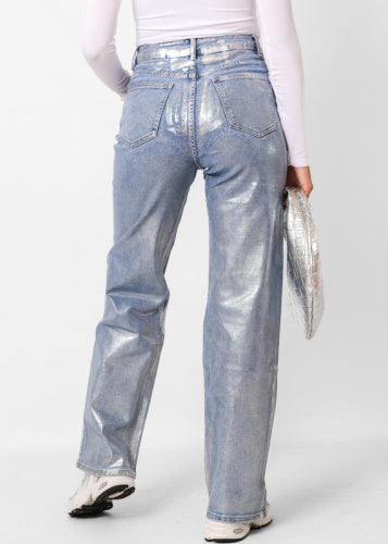 Dames broek metallic blauw xs s m l xl