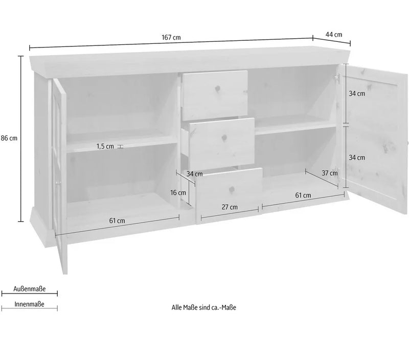 Dressoir wandmeubel landelijk wit mat antraciet lichtbruin Breedte 167 cm Diepte 44 cm Hoogte 86 cm