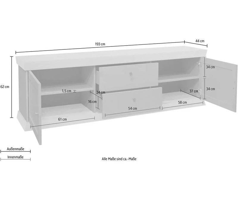 TV meubel wandmeubel landelijk mat lichtgrijs wit lichtbruin donkergrijs Breedte 193 cm Diepte 44 cm Hoogte 62 cm