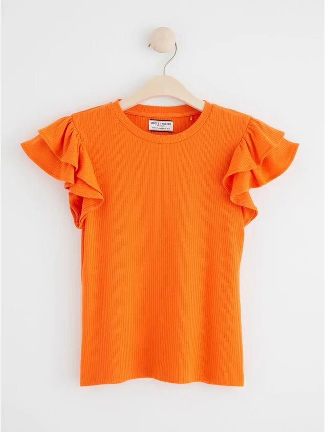 Dames shirt met ruche mouwen oranje zwart lichtblauw xs s m l