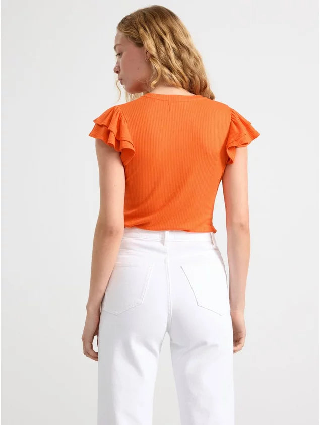 Dames shirt met ruche mouwen oranje zwart lichtblauw xs s m l