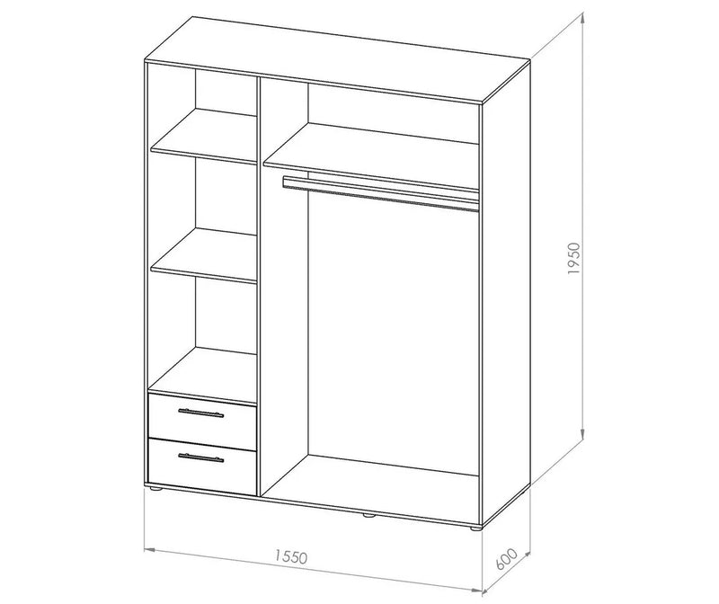 Kledingkast modern wit eiken bruin grijs Breedte 155 cm Diepte 60 cm Hoogte 195 cm