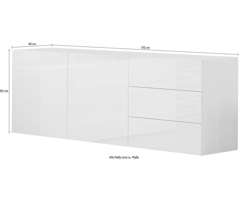 Aparador de pared moderno blanco brillante Ancho 170 cm Fondo 40 cm Alto 61 cm