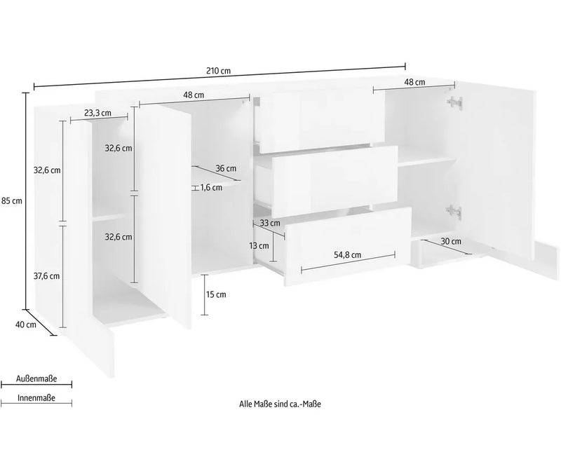 Aparador de pared moderno blanco brillante Ancho 210 cm Fondo 40 cm Alto 85 cm