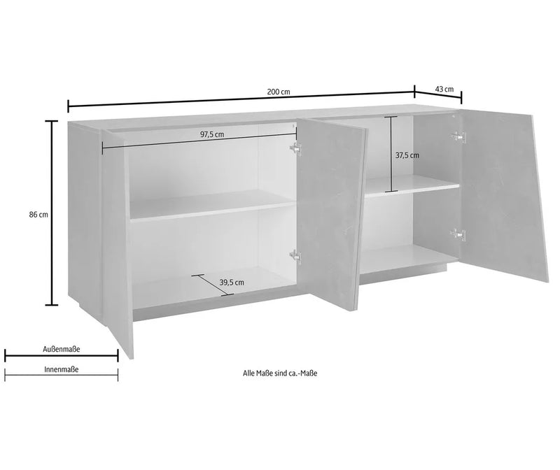 Dressoir wandmeubel modern cement-look grijs hoogglans wit Breedte 200 cm Diepte 43 Hoogte 86 cm