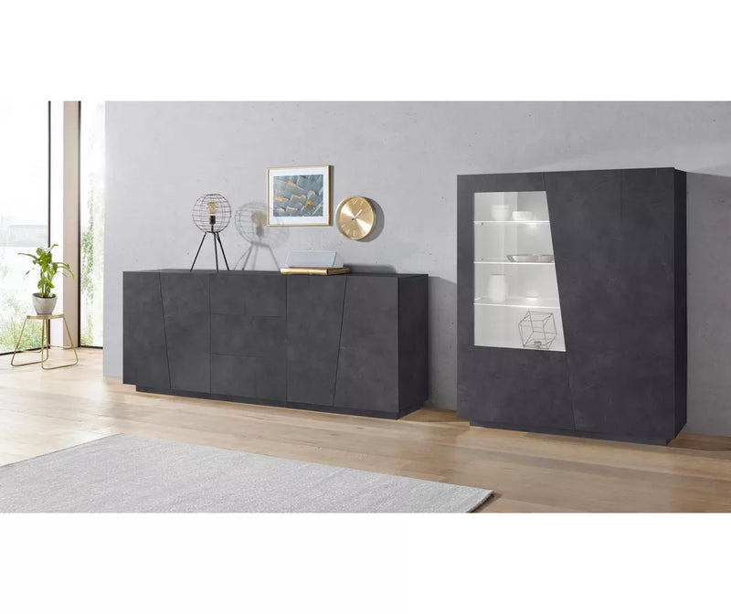 Dressoir wandmeubel modern hoogglans wit cement-look donkergrijs met glas Breedte 146 cm Lengte 120 cm Diepte 43 cm